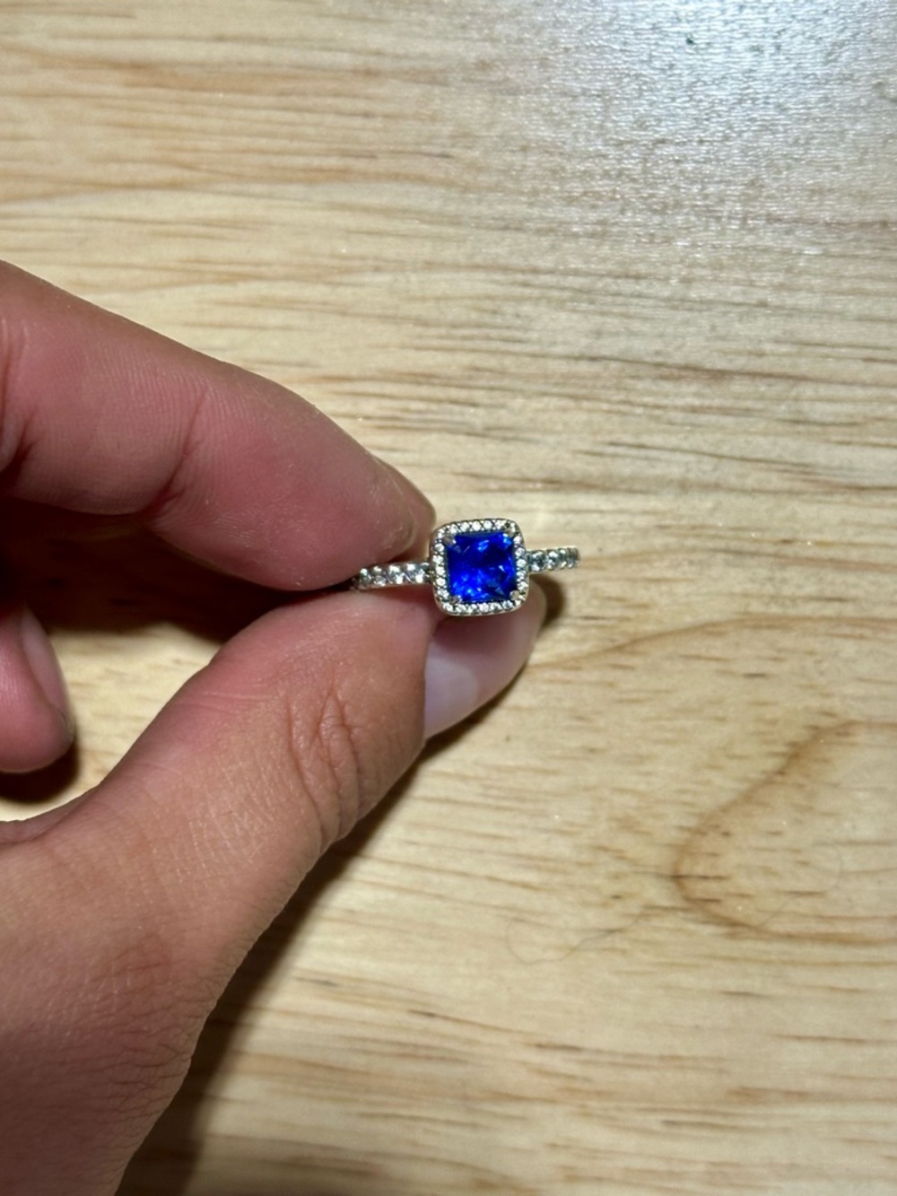 Pandora - Sterling Silver - Size 6 - Blue Cushion-Cut Halo Ring with Pavé Band